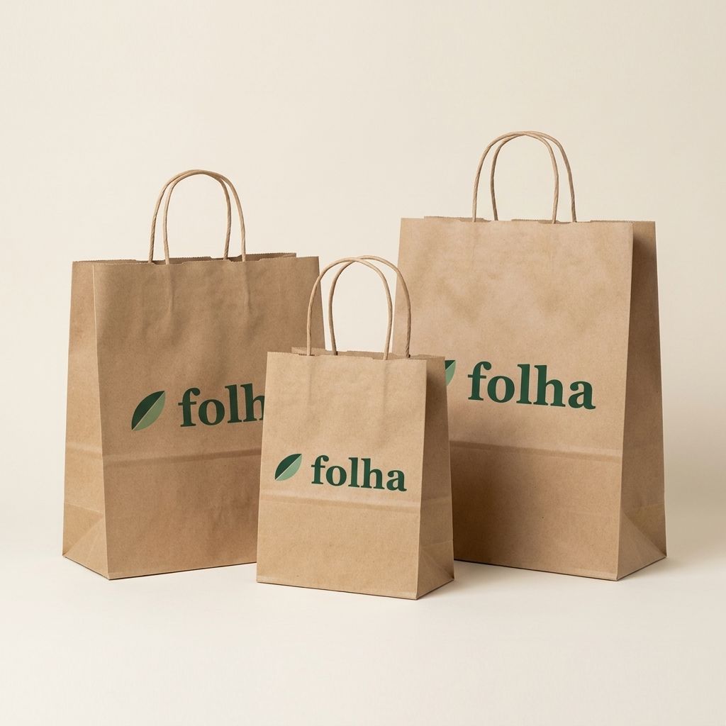 Three sizes of kraft paper bags with twisted handles printed with the Folha logo