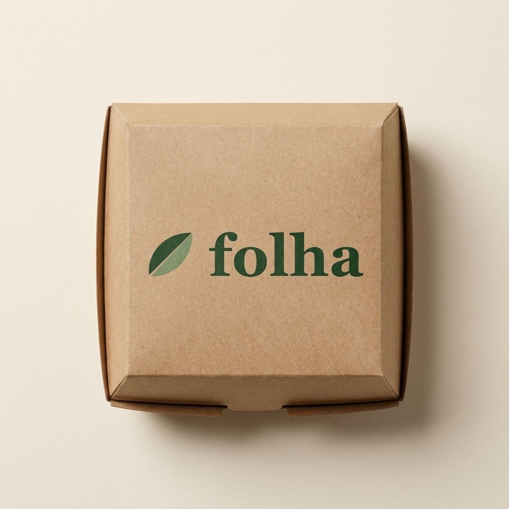 Kraft paper clamshell burger box printed with the Folha logo