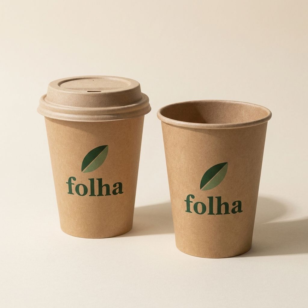 Kraft paper hot cups with lids printed with the Folha logo