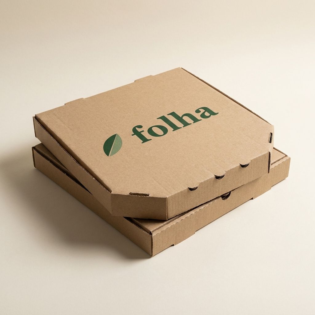 Stacked kraft corrugated pizza boxes with the Folha logo