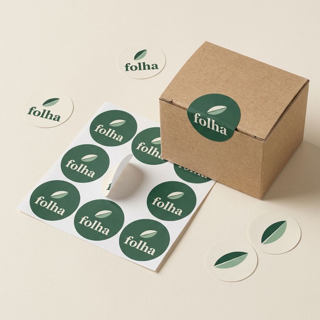 Sheet of round Folha seal stickers beside a kraft box sealed with one