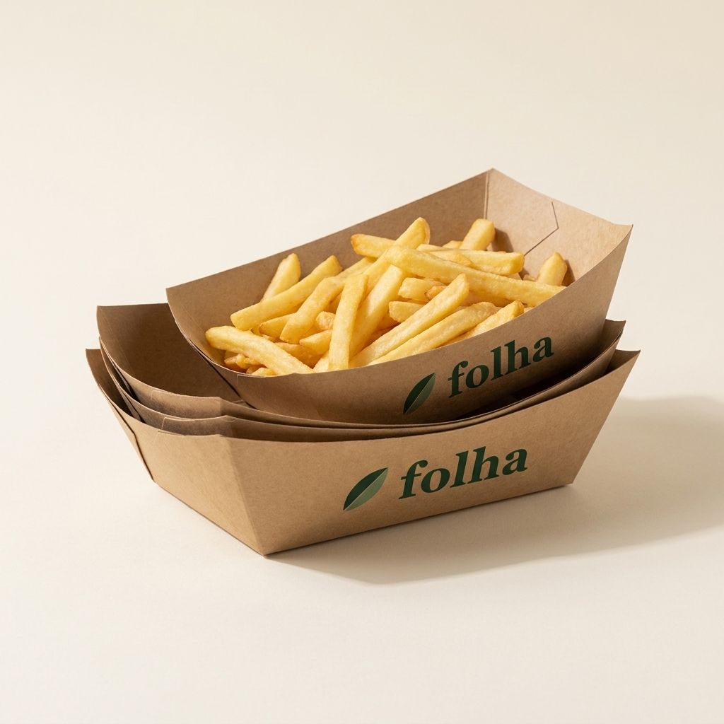 Kraft paper fry trays printed with the Folha logo, one holding fries