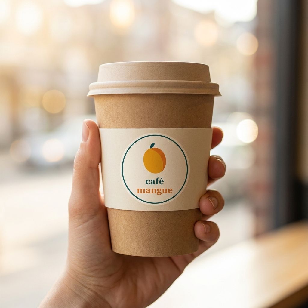 Hand holding a kraft coffee cup with a cream Café Mangue sleeve