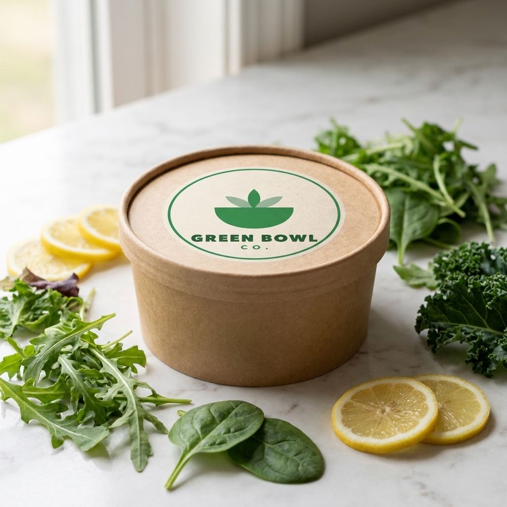 Kraft paper bowl with a lid printed with the green Green Bowl Co. logo surrounded by fresh greens and lemon