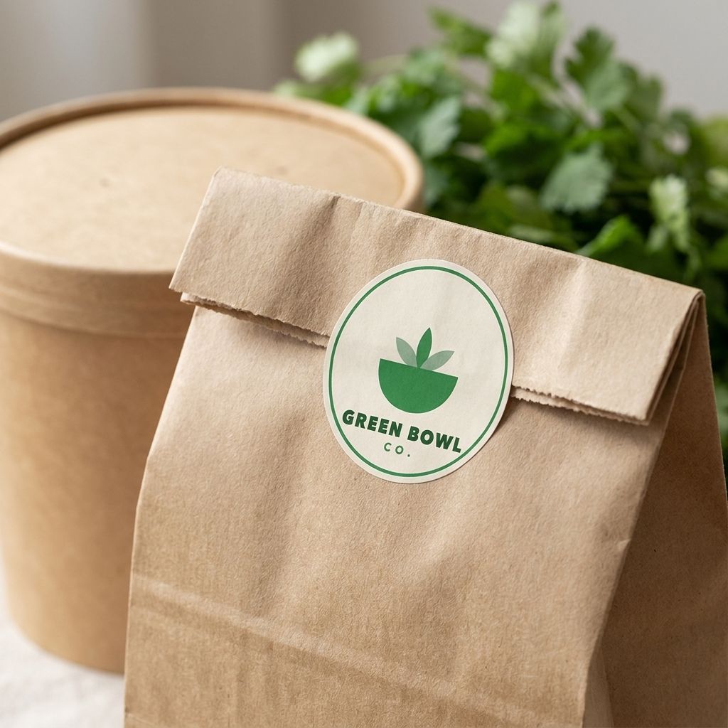 Kraft paper bag sealed with a round Green Bowl Co. logo sticker