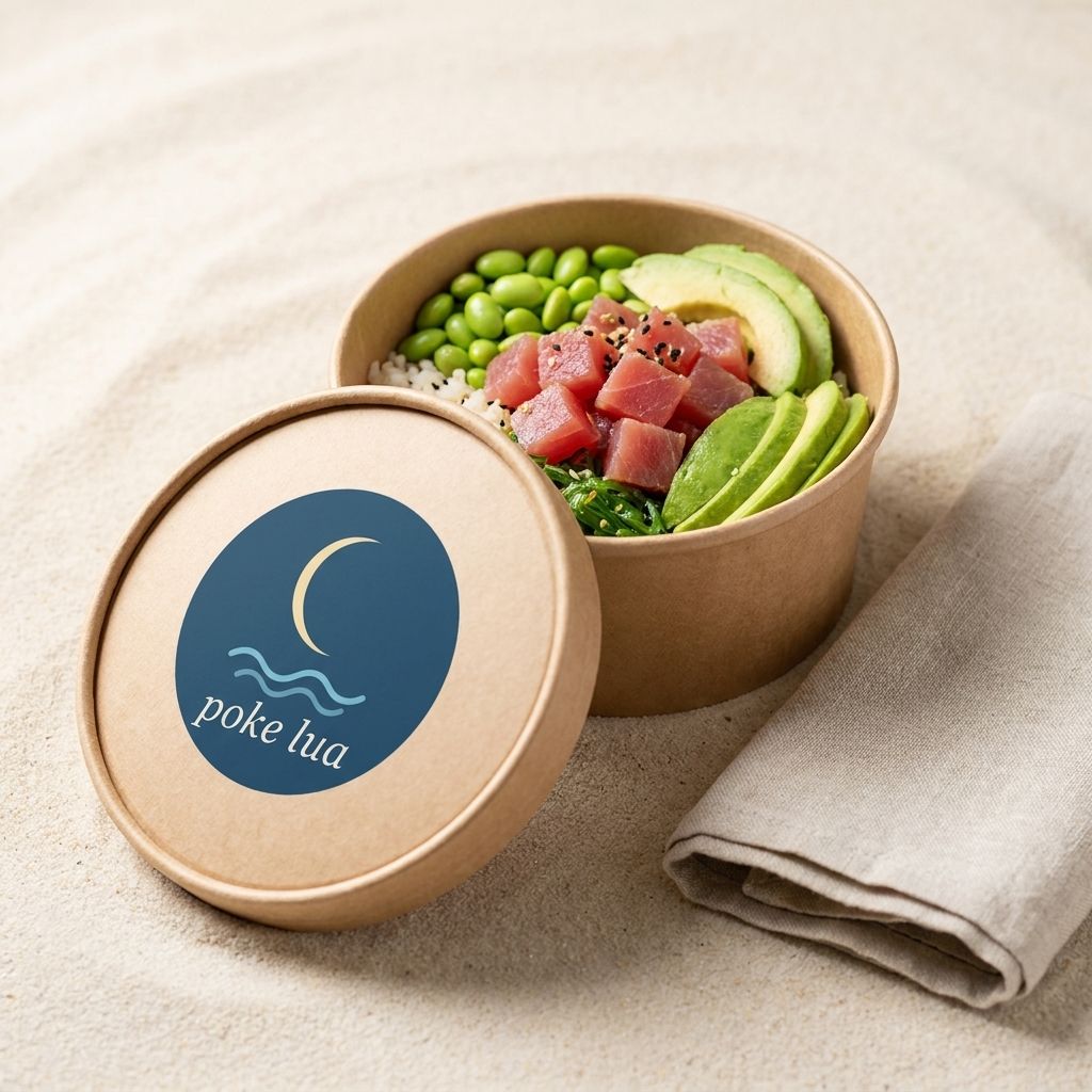 Open kraft paper bowl of poke with its lid printed with the navy Poke Lua moon logo