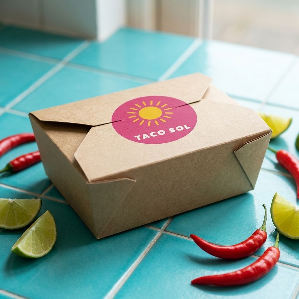 Kraft fold-top box with a pink and yellow Taco Sol sun logo sticker on a turquoise tile counter